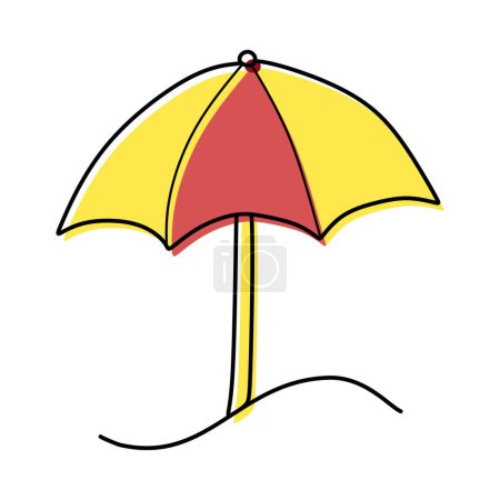 Sonnenschirm Umrisssymbol mit Farbformen, Reisetourismus, Sonnenschirm. Handgezeichneter Doodle Beach Sonnenschirm zur Entspannung bei heißem Wetter. Designobjekt für Druck, Karte, Logo. Grafisches Element des Urlaubs