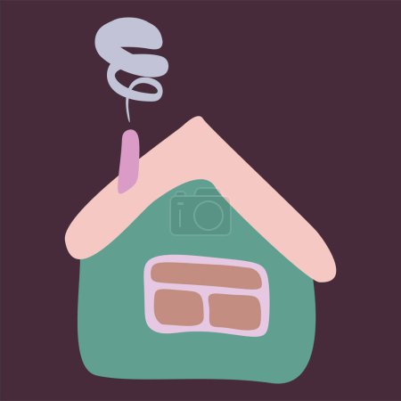 Illustration for Small Colorful crooked house in Flat style with Smoke from Chimney, Roof and Window. Cartoon Children drawing Vector Isolated illustration. Design art Home for Sticker, Card, Poster. - Royalty Free Image
