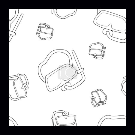 Monochrome Sport Snorkeling mask Seamless pattern. Diving Equipment Template, Black and White outline or Linear Style Vector Illustration, Background for Vacation Clothing, Textile, Wrapping.