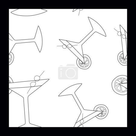 Nahtloses Muster mit alkoholischen Cocktails, Martini mit Oliven und Limetten. Vector Outline Illustration, Schleifenhintergrund für Textilien, Stoff, Einband, Geschenkpapier. Getränke, Menüvorlage Restaurant