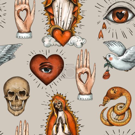 Téléchargez les photos : Modèle sans couture de tatouage de crâne d'amour et de mort vintage sur beige - en image libre de droit