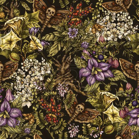 Vintage wicca flores venenosas y plantas patrón sin costura con la polilla del cráneo en negro