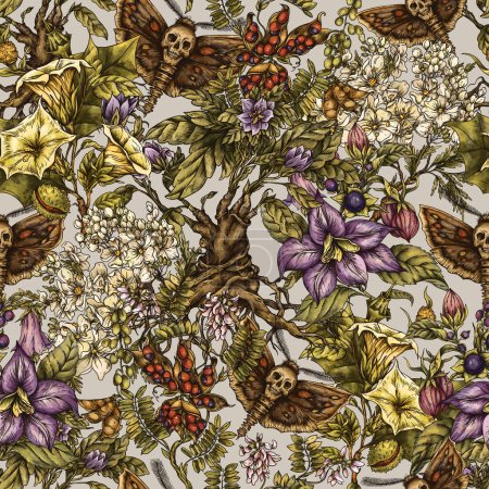 Vintage wicca poisonous flowers and plants seamless pattern with skull moth on beige