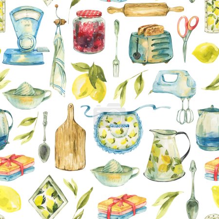 Watercolor vintage kitchen utensils seamless pattern. Cooking objects on white background.