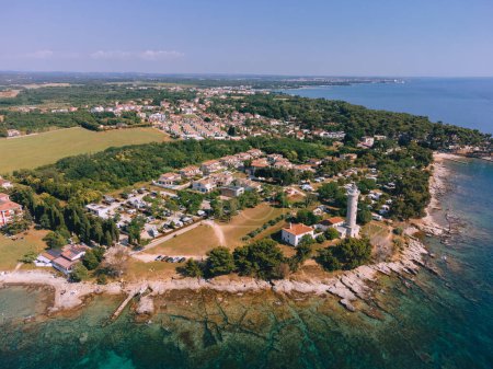 Aerial View of Savudrija Lighthouse and Rocky Beach, Croatia