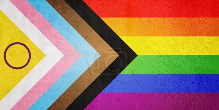 Foto de La bandera de progreso intersexual sobre muro de hormigón 2SLGBTQIA + banner - Imagen libre de derechos