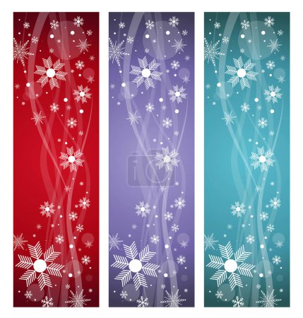 Ilustración de Tres banderas de invierno de vacaciones ornamento de diseño con confeti copo de nieve. Ilustración vectorial. - Imagen libre de derechos