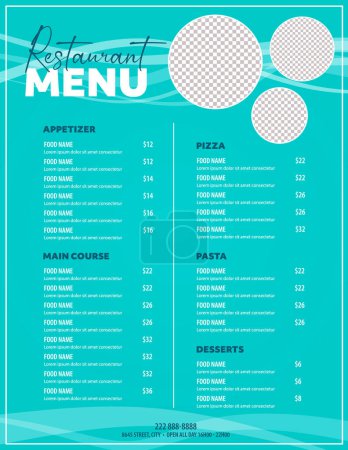 Illustration for Blue Restaurant menu modern design layout with copy space for food picture - Royalty Free Image