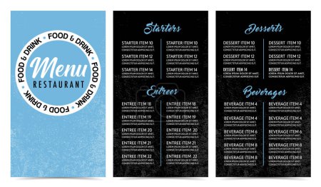 Illustration for Restaurant blue and black modern menu design template with grunge texture - Royalty Free Image