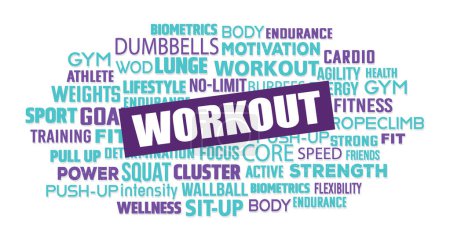 Workout gym word cloud keyword concept purple and blue