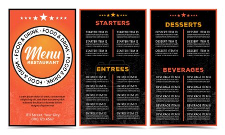 Illustration for Restaurant menu modern orange and black design template with grunge abstract texture backgroun - Royalty Free Image