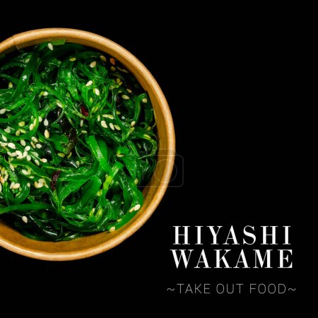 Close up to Hiyashi Wakame Chuka Salad served in delivery box isolated on black background. Ready square advertising banner with text and copy space. Japanese seaweed salad with sesame seeds.