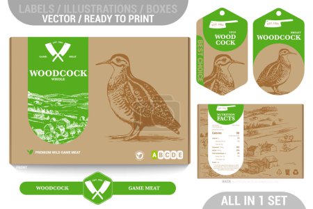Woodcock Wildfleisch Verpackungsdesign-Set mit detaillierten handgezeichneten Illustrationen, Akzenten und informativen Etiketten. Perfekt für Betriebe, Metzger und Supermärkte, die qualitativ hochwertiges Fleisch suchen 