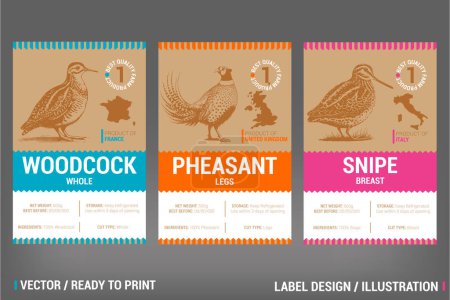 Woodcock, Fasan, Bekassine Game Meat Packaging Label Vektor Design Set. Mit handgezeichneten rustikalen Illustrationen auf Bastelpapier. Anstecker mit Landkreis, Lagerordnung und Art der Fleischstücke