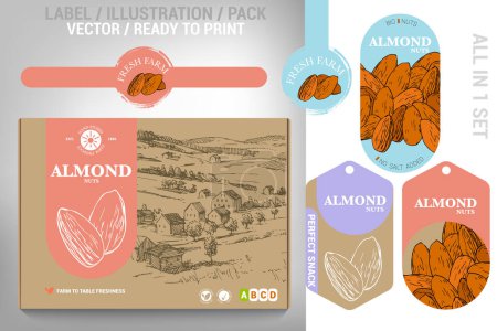 Comprehensive almond packaging design set featuring modern illustrations, vibrant pastel accents, and clear labeling. Perfect for farms, grocery stores, and specialty food brands