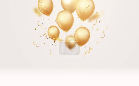 Téléchargez les illustrations : Illustration vectorielle de la bannière de célébration avec confettis d'or et ballons - en licence libre de droit
