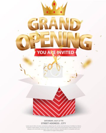 Illustration for Vector Illustration of Grand opening invitations card design with gold ribbon, confetti and balloons - Royalty Free Image