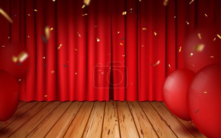 Ilustración de Vector Ilustración de fondo cortina roja con la caída de confeti de oro y globos rojos - Imagen libre de derechos