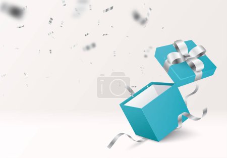 Illustration vectorielle de boîte ouverte avec confettis argentés et ruban