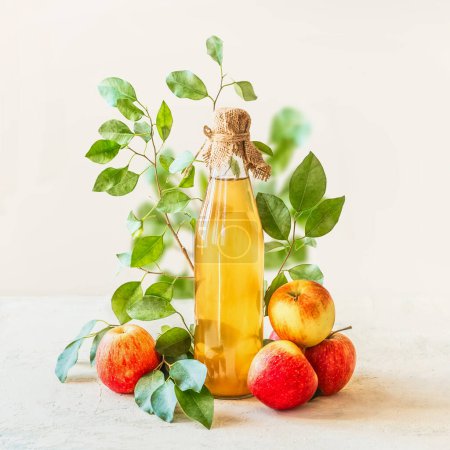 Photo for Homemade apple juice in glass bottle standing on white table with red apples and green leaves at white wall background. Healthy fermented food. Apple preserving - Royalty Free Image