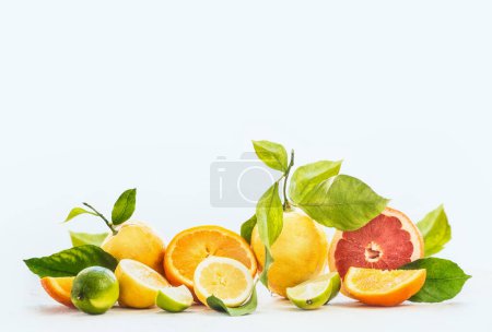 Foto de Grupo de varios cítricos con salpicaduras de jugo en el fondo blanco. Naranjas, pomelo, lima y limón con hojas verdes. Rebanadas, mitades y cuartos de frutas. Concepto de alimentos y bebidas saludables - Imagen libre de derechos
