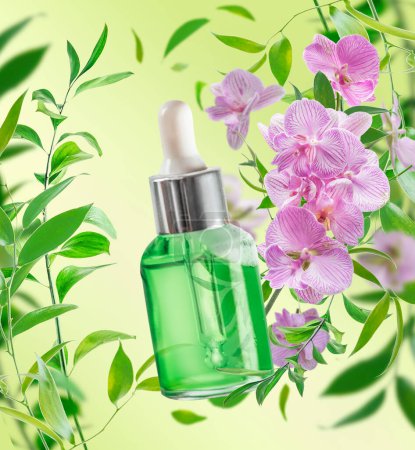 Flying green cosmetic serum or oil pipette bottle with pink orchid flower and bamboo leaves at bright background. Beauty product  for anti aging skin care. Front view. Copy space