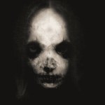 A horror concept of a scary female demon portrait. With a dead, skull edit. looking at the camera. On a dark background.
