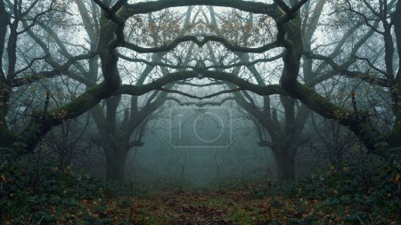A mirror image of a spooky forest framed with Oak trees and twisted branches. On a creepy foggy winters day.