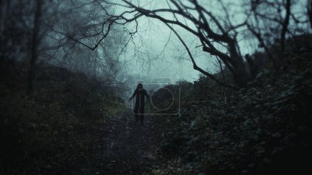 a scary, haunting figure with glowing eyes. Standing in a spooky creepy forest on a moody winters day. With a grunge, vintage edit..