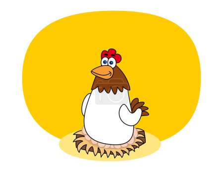 Illustration for Illustration of a white laying hen incubating eggs on a yellow background - Royalty Free Image