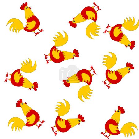 Photo for Paper pattern with yellow and red chickens on white background - Royalty Free Image