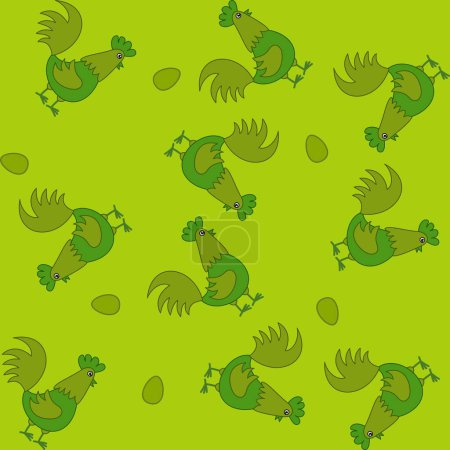 Illustration for Paper pattern with green chickens and eggs on green background - Royalty Free Image