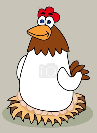 Illustration for A white laying hen incubating eggs on a colored background - Royalty Free Image