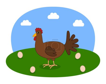 Illustration for Illustration of a brown hen and eggs with green meadow and blue sky - Royalty Free Image