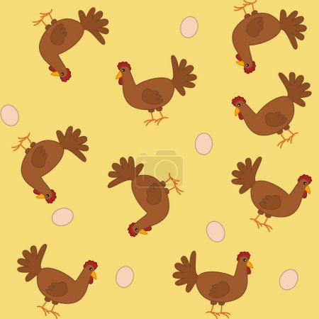 Illustration for Paper pattern with brown chickens and eggs on yellow background - Royalty Free Image