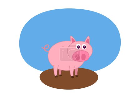 Young pig in profile in muddy meadow with blue sky - vector