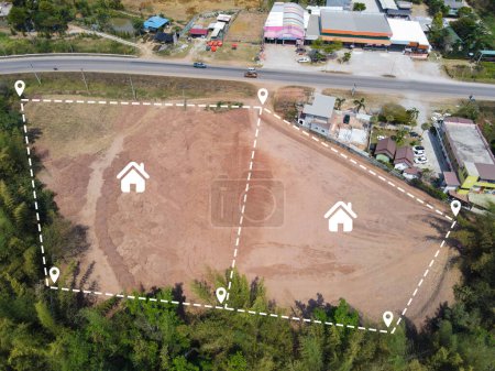 Photo for Vacant land management land reclamation for land plot for building house aerial view, land pins location for housing subdivision residential development owned sale rent buy or investment home expand - Royalty Free Image