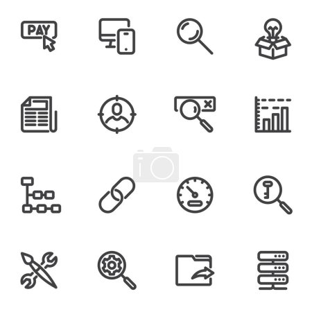 Illustration for SEO and promotion line icons set, Search engine optimization outline vector symbol collection, linear style pictogram pack. Signs, logo illustration. Set includes icons as business and marketing - Royalty Free Image
