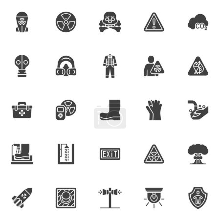 Strahlenschutz-Vektor-Icons Set, moderne solide Symbolsammlung, gefüllte Piktogrammpackung. Schilder, Logoabbildungen. Set enthält Symbole wie Atomwaffe, Gasmaske, Atombombe, Pilzwolke