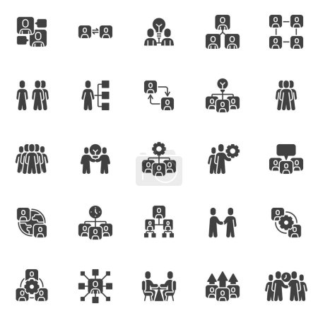 Ilustración de Conjunto de iconos vectoriales de comunicación de personas, colección de símbolos sólidos modernos de estructura de equipo, paquete de pictogramas de estilo lleno. Signos logotipo ilustración. El conjunto incluye iconos, gestión del tiempo, grupo de trabajo en equipo, reunión - Imagen libre de derechos