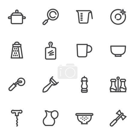 Illustration for Cooking utensils line icons set, outline vector symbol collection, linear style pictogram pack. Signs, logo illustration. Set includes icons as kitchen utensils, water jug, plate, bowl, measuring cup - Royalty Free Image