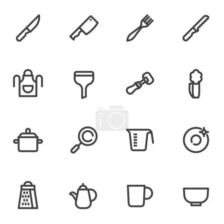 Cooking utensils line icons set, outline vector symbol collection, linear style pictogram pack. Signs, logo illustration. Set includes icons as kitchen axe, knife, apron, measuring cup, plate, cup