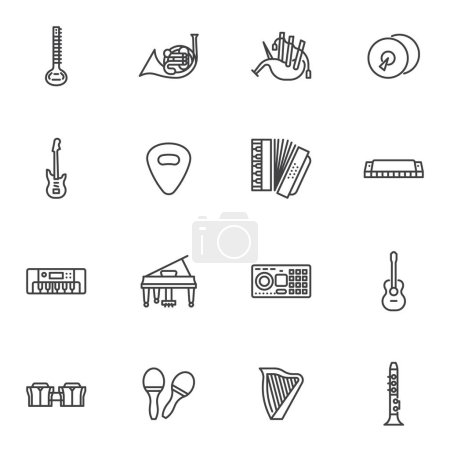 Illustration for Music instruments line icons set, outline vector symbol collection, linear style pictogram pack. Signs, logo illustration. Set includes icons as electric guitar, piano, trumpet, harp, percussion drum - Royalty Free Image