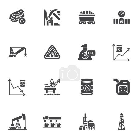 Ilustración de Conjunto de iconos vectoriales de la industria petrolera, colección de símbolos sólidos modernos, paquete de pictogramas de estilo relleno. Signos, ilustración del logotipo. El conjunto incluye iconos como la minería de carbón, el precio del petróleo crudo, la plataforma en alta mar, la gasolina - Imagen libre de derechos