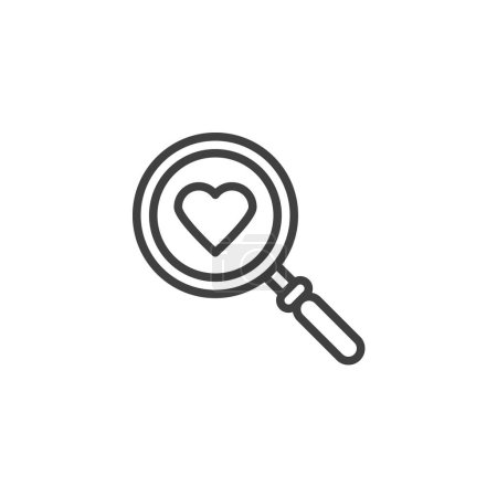 Liebe Suchzeilen-Symbol. Lineares Stilschild für mobiles Konzept und Webdesign. Lupe und Herz umreißen Vektorsymbol. Symbol, Logoabbildung. Vektorgrafik