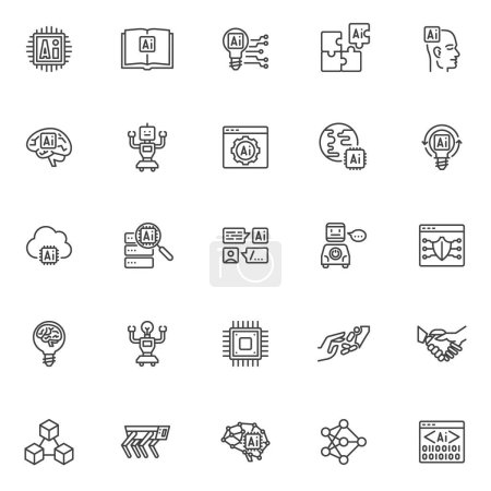 Illustration for AI technology line icons set. linear style symbols collection, outline signs pack. Artificial intelligence vector graphics. Set includes icons as machine learning, cybernetics, AI development, robot - Royalty Free Image