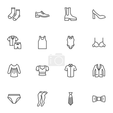Illustration for Womens clothing line icons set, outline vector symbol collection, linear style pictogram pack. Signs, logo illustration. Set includes icons as high heel shoes, bra, dress, jacket, knee socks tights - Royalty Free Image