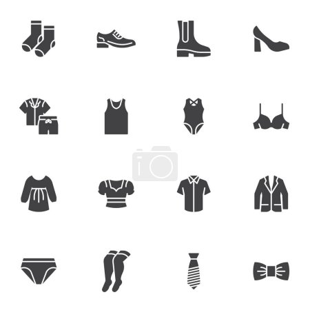 Illustration for Womens clothing vector icons set, modern solid symbol collection, filled style pictogram pack. Signs, logo illustration. Set includes icons as high heel shoes, bra, dress, jacket, knee socks tights - Royalty Free Image