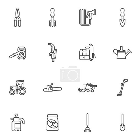 Illustration for Essential gardening tool line icons set, outline vector symbol collection, linear style pictogram pack. Signs, logo illustration. Set includes icons as watering hose, sprayer, rake, tractor, shovel - Royalty Free Image