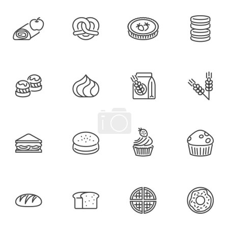 Ilustración de Conjunto de iconos de línea de productos de panadería, colección de símbolos vectoriales de contorno, paquete de pictogramas de estilo lineal. Signos logotipo ilustración. El conjunto incluye iconos como pastel de hojaldre, bollos de pretzel, galletas, postre de galletas - Imagen libre de derechos